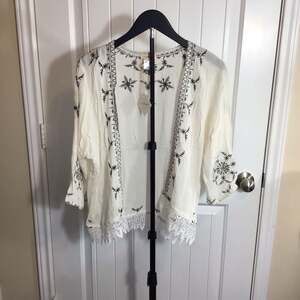 a Shappe Apparel Cream Embroidered Boho Kimono Cardigan with Lace Trim Boho